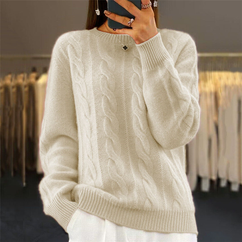 Strikkegenser dame kabelstrikk beige