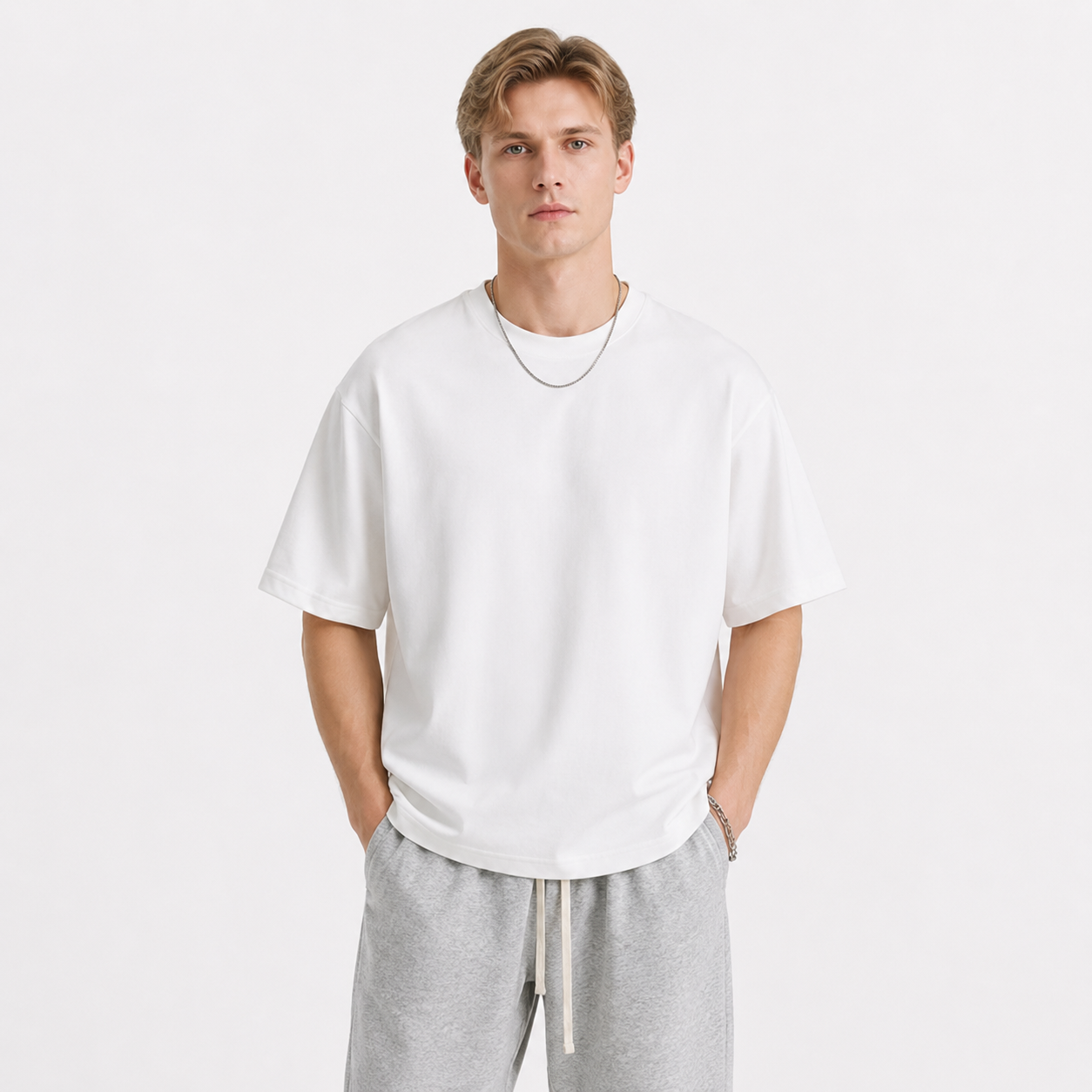 Oversized T-skjorte til Herre – Kortermet T-skjorte med Brodert Fiskemotiv – Hvit
