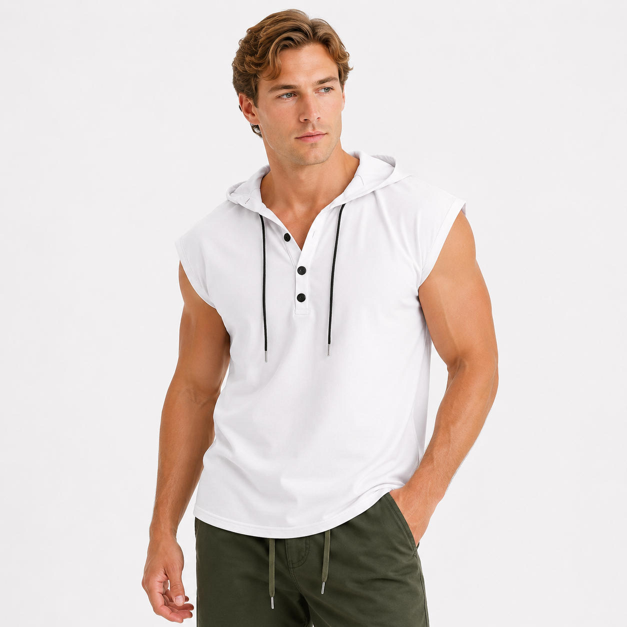 Ermeløs Hettevest til Herre – Sporty Tank Top med Snøring – Svart