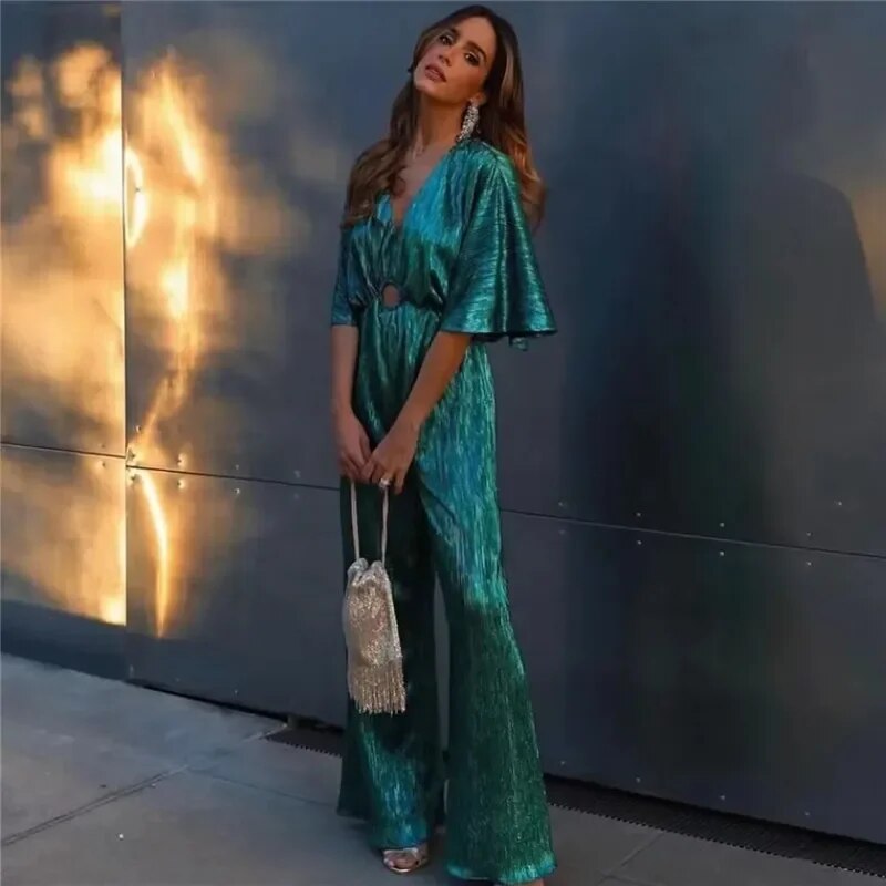Lang grønn plissert jumpsuit