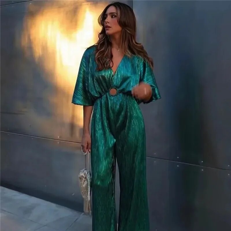Lang grønn plissert jumpsuit