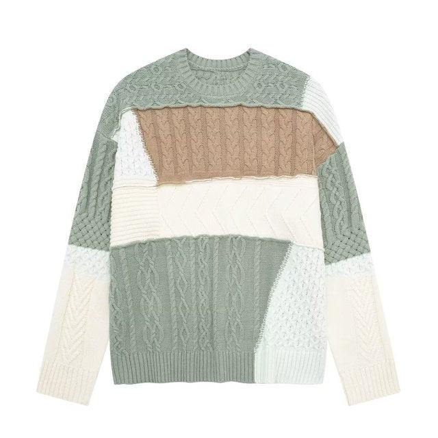 Khaki hvit patchwork-genser