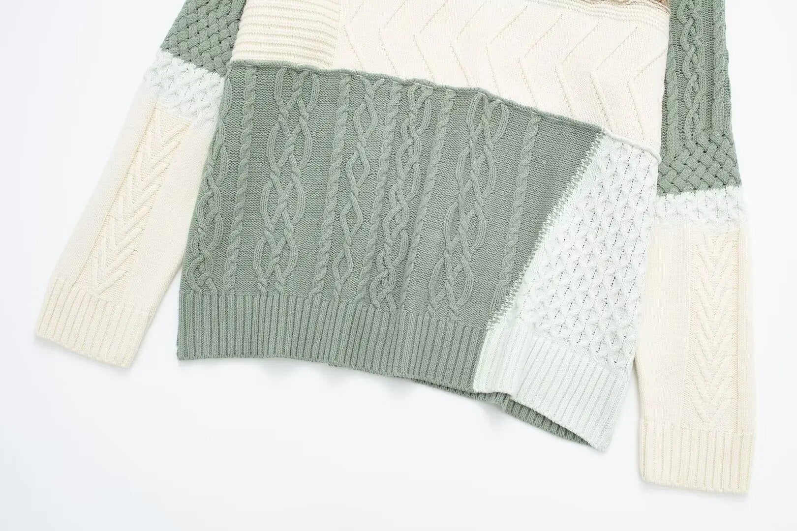 Khaki hvit patchwork-genser