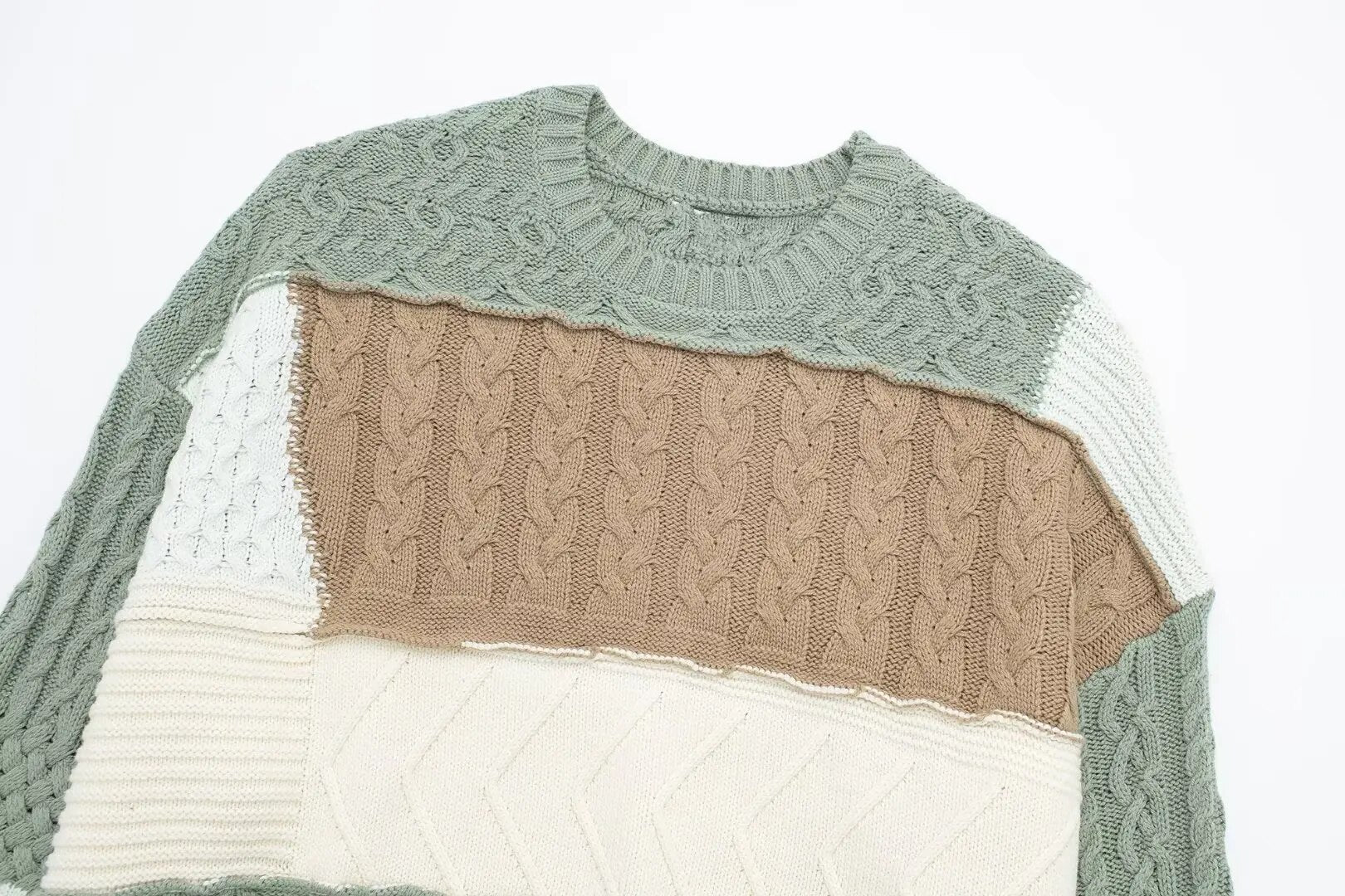 Khaki hvit patchwork-genser
