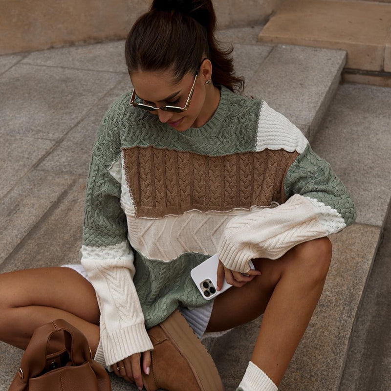 Khaki hvit patchwork-genser