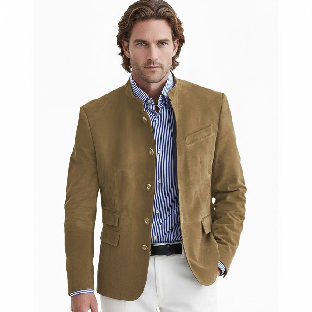Semsket Blazer for Herre – Elegant Ensfarget Jakke med Knapper | Perfekt til Høst og Vinter – Beige