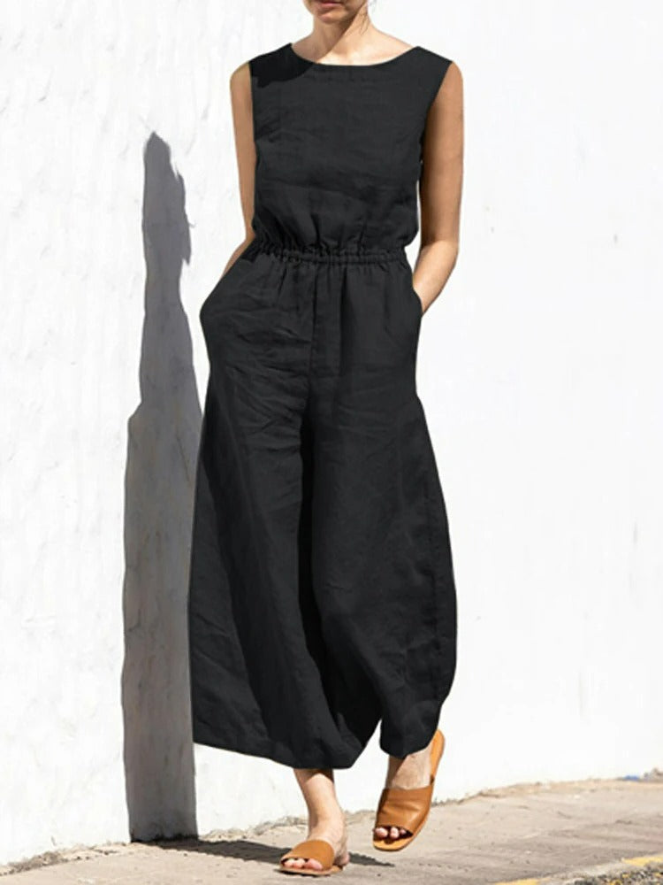 Jumpsuit i lin med rund hals
