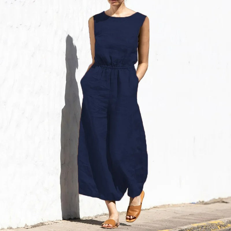 Jumpsuit i lin med rund hals