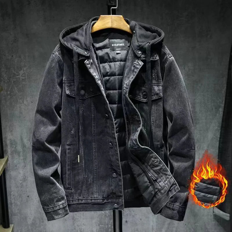 Denimjakke i bomull med avtagbar hette for menn