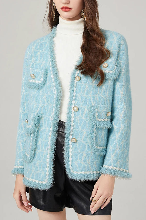Strikket cardigan i lyseblå tweed