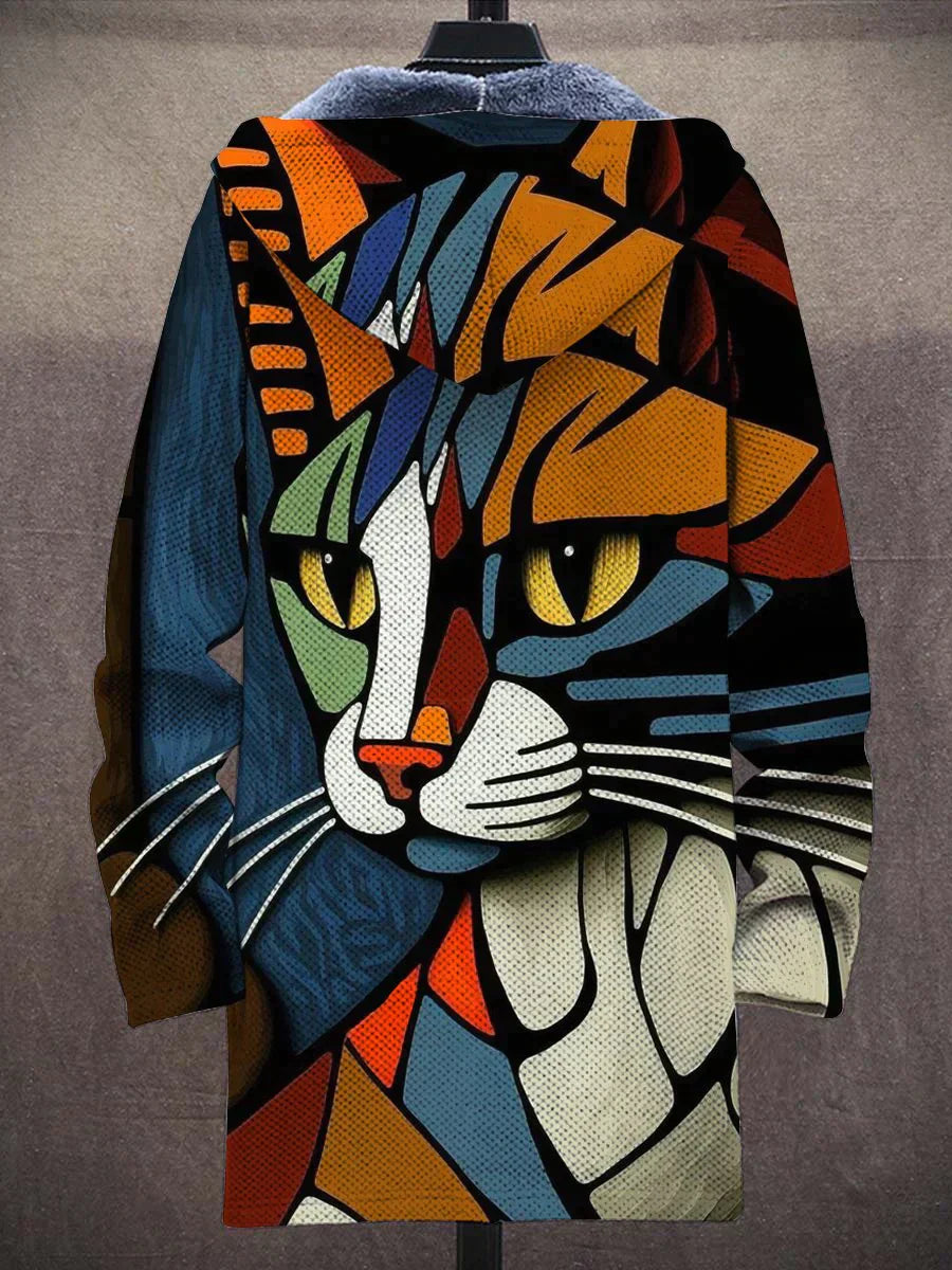 Garfi - Unisex abstrakt kattetrykk i plysj med lange ermer og tykk genserjakke med katteprint