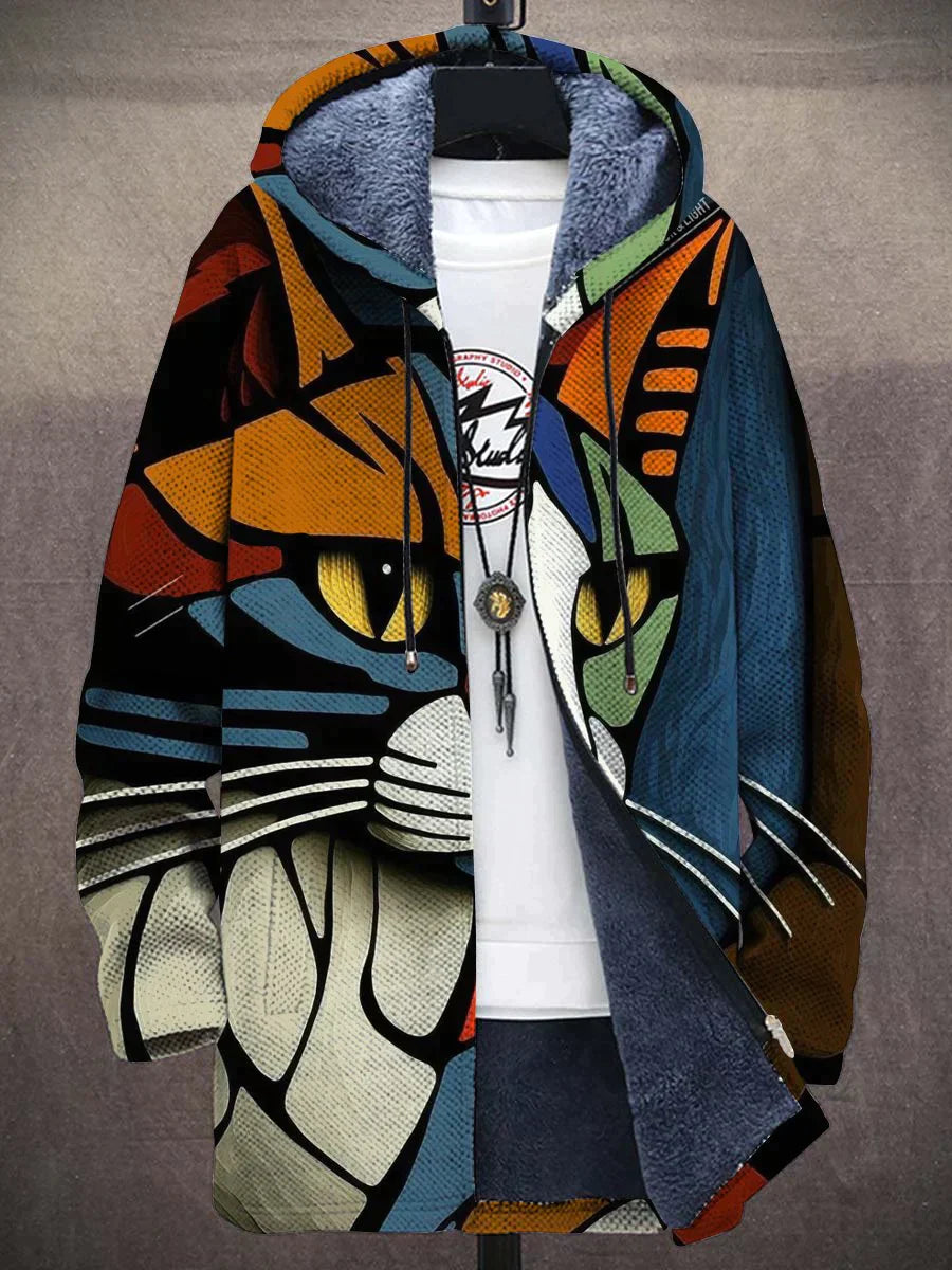 Garfi - Unisex abstrakt kattetrykk i plysj med lange ermer og tykk genserjakke med katteprint