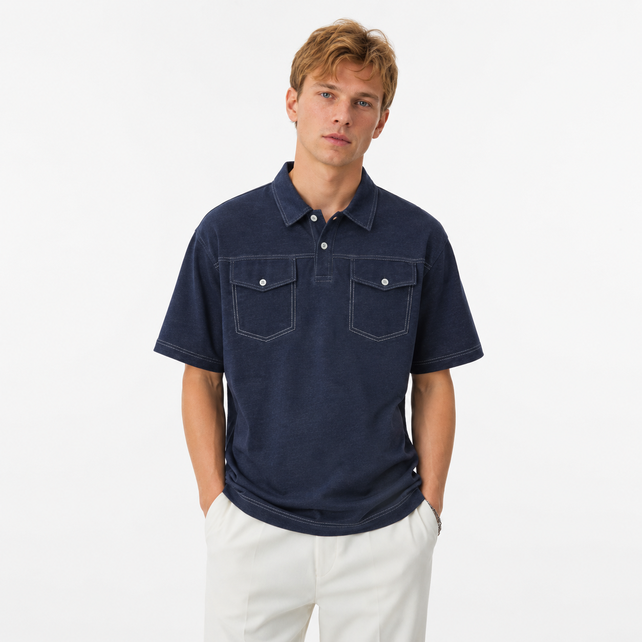 Denim Polo til Herre – Kortermet Polo med Doble Brystlommer
