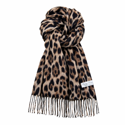Leopardmønstret Skjerf med Dusker – Tykt og Varmt Vintersjal i Myk Cashmere-Look
