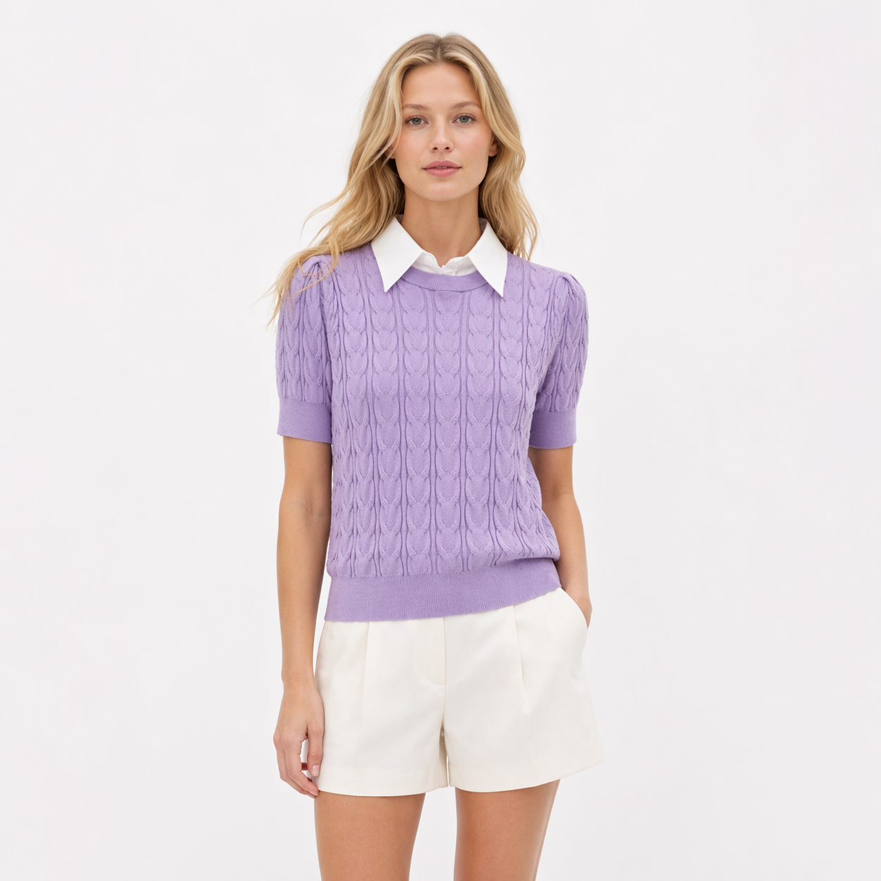 Strikket T-skjorte til Dame – Fake Two-Piece &amp; Strukturert Kabeldesign – Lilla T-skjorte