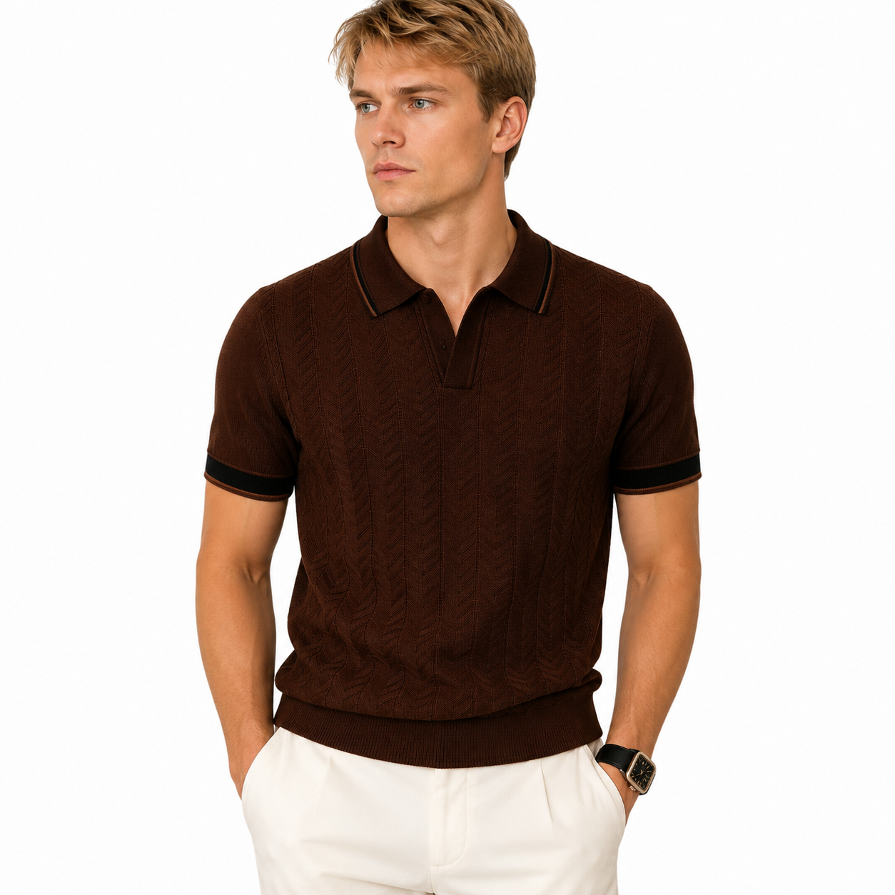 Strikket Polo for Herre med Struktur – Kortermet Business Casual i Color Block