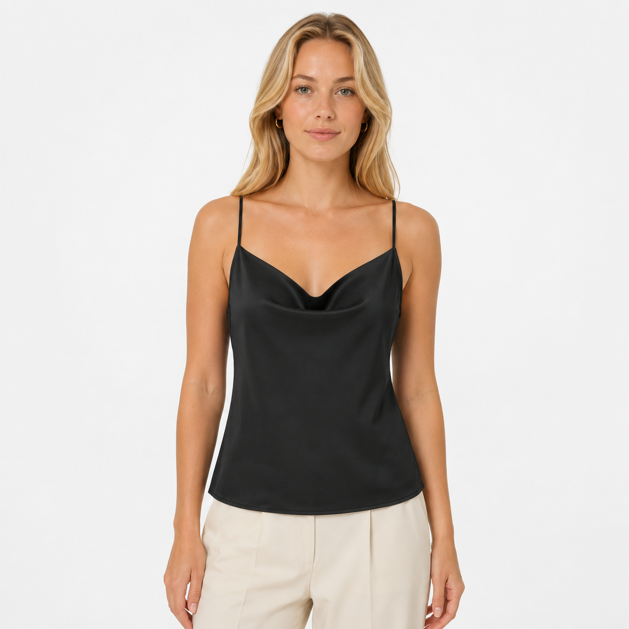 Hvit Satin Camitopp til Dame – Silkemyk Sommer Singlet med Stropper