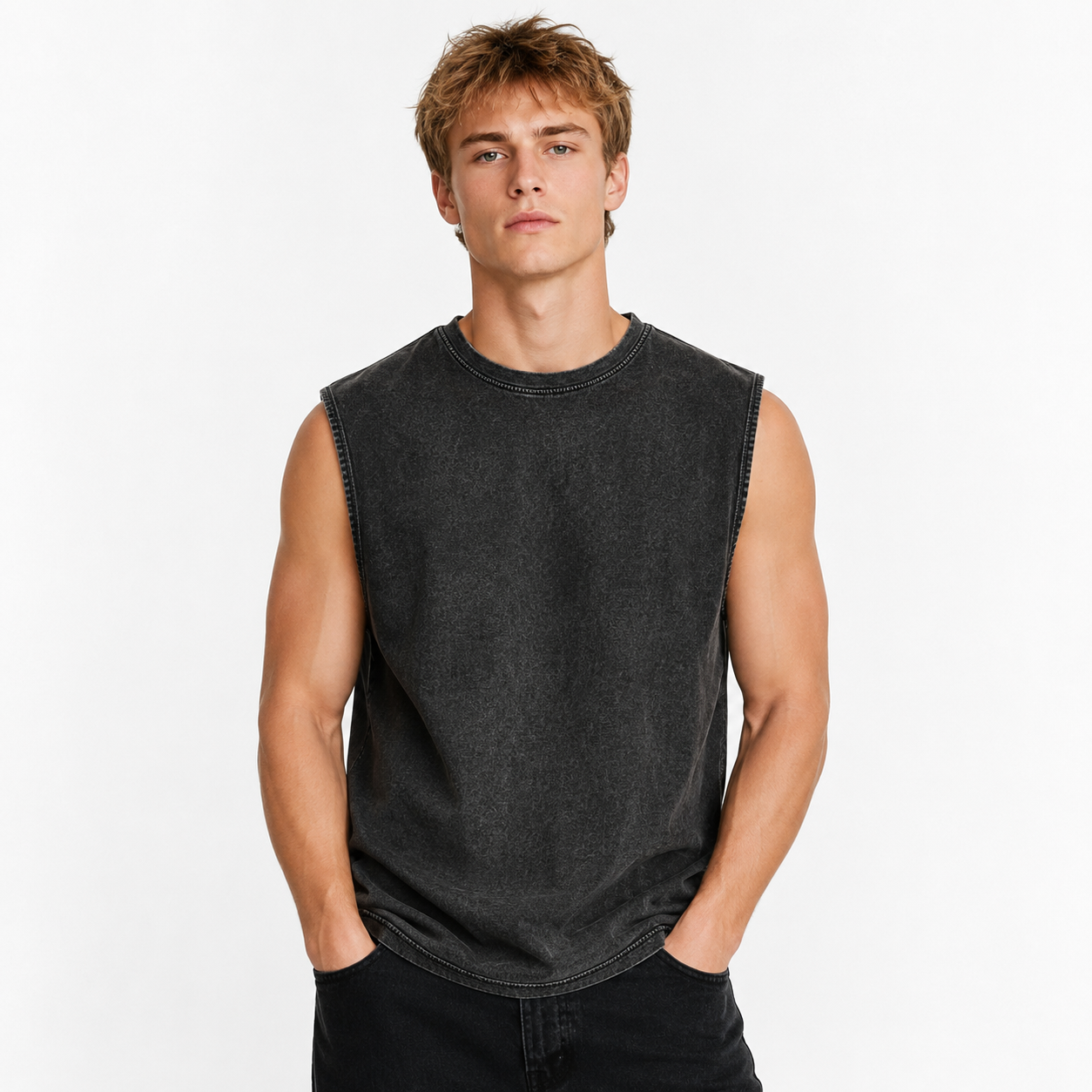 Vasket Bomulls Tank Top til Herre – Ermeløs Trenings- og Sommertopp