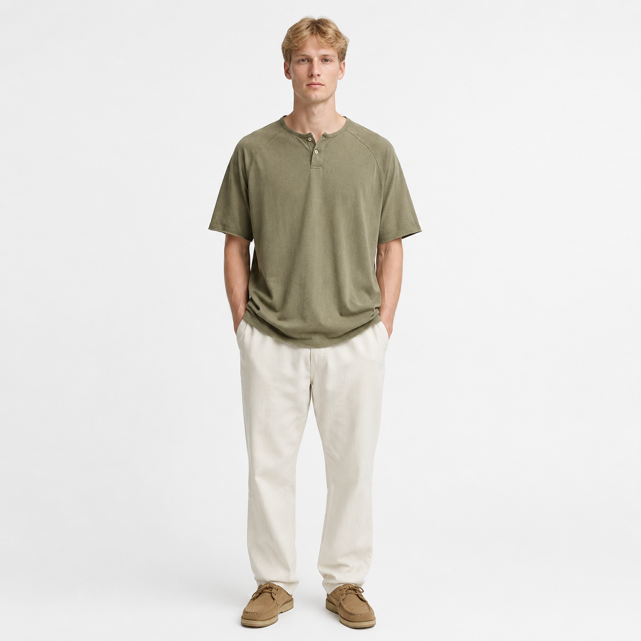 Vintage Henley T-skjorte til Herre – Heavyweight Vasket Bomulls Tee