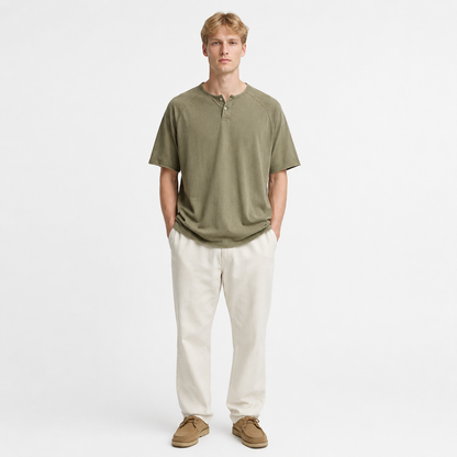 Vintage Henley T-skjorte til Herre – Heavyweight Vasket Bomulls Tee