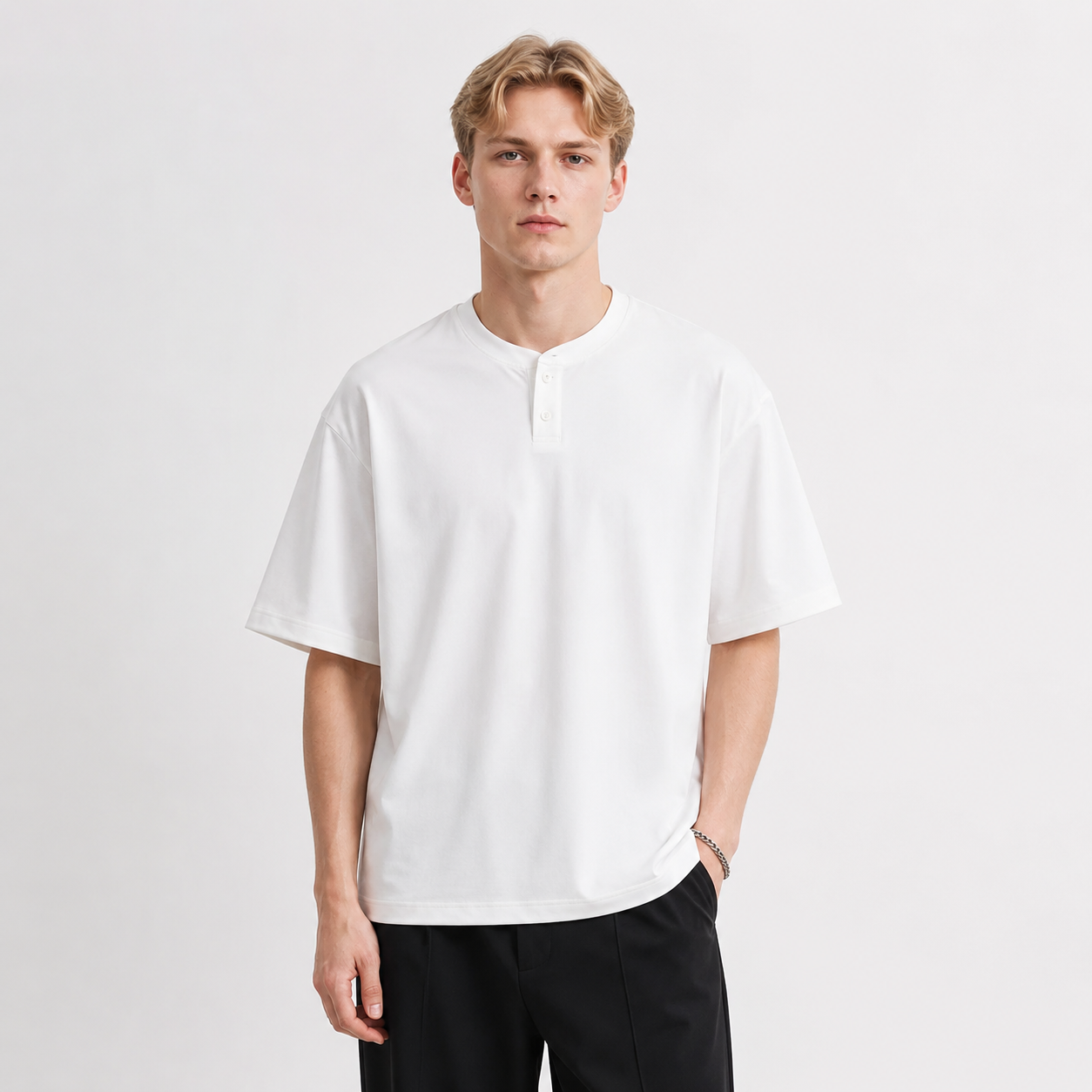 Henley T-skjorte til Herre – Kortermet Bomulls T-skjorte med Knapper