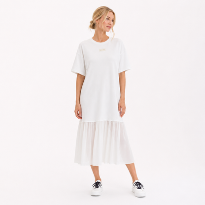 Midi Kjole til Dame – Løs Kjole med Rund Hals og Chiffondetaljer – Beige