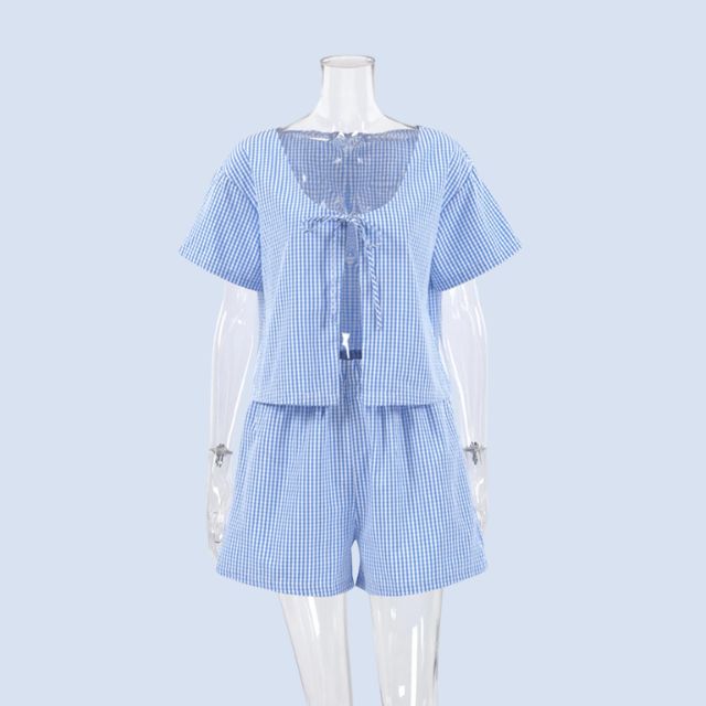 Gingham romper med nøkkelhullsutringning og sløyfedetaljer