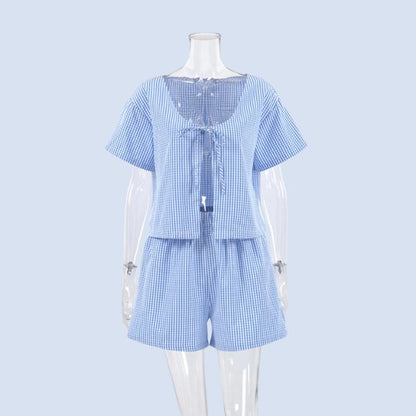 Gingham romper med nøkkelhullsutringning og sløyfedetaljer