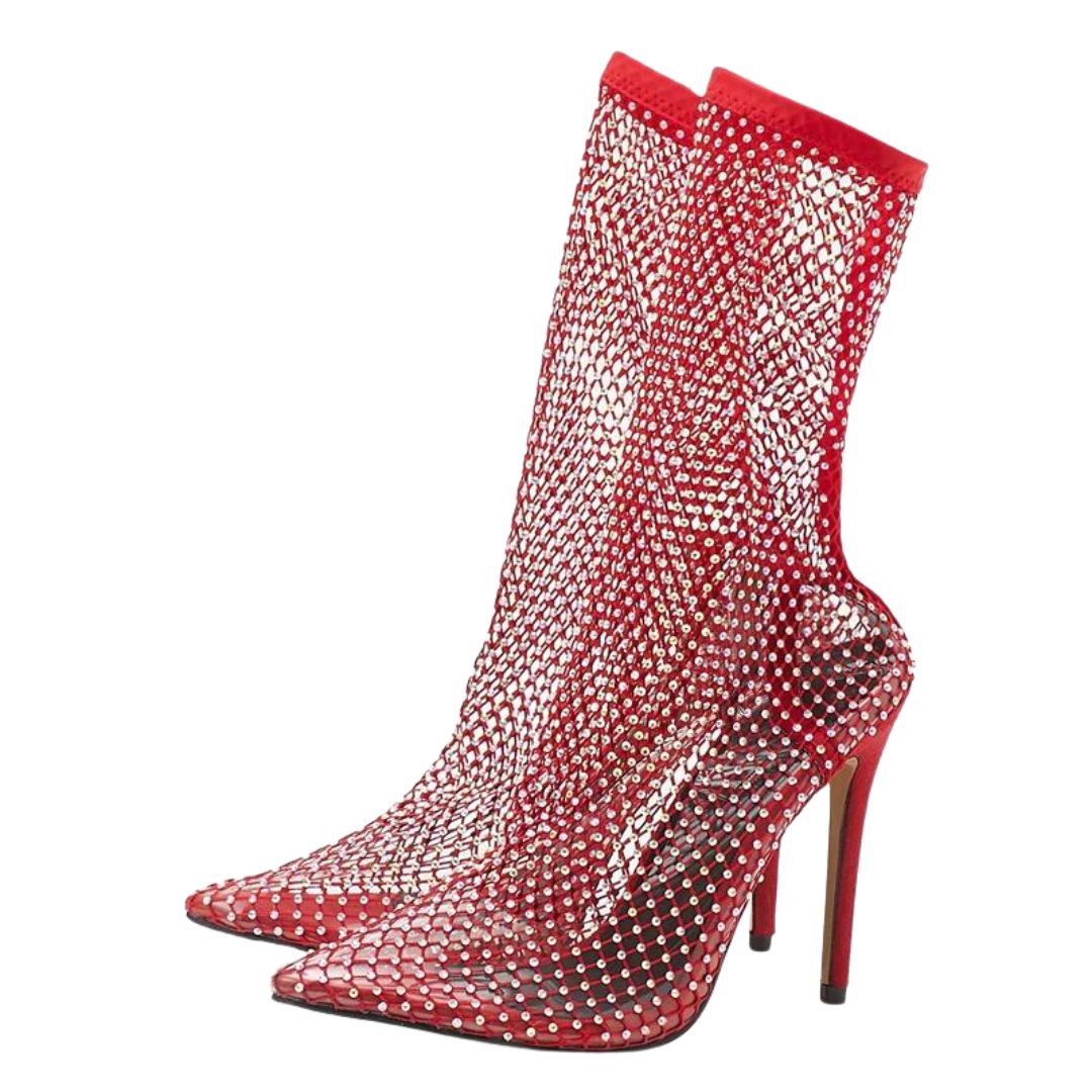 Ankelstøvler i netting med utsmykning av rhinestone