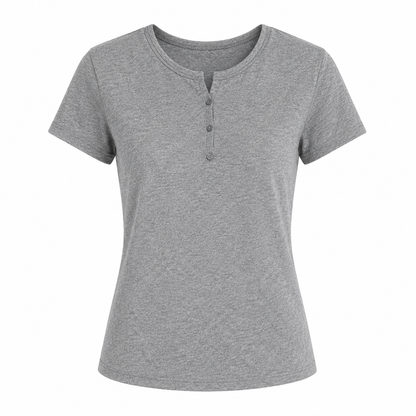 Ribbestrikket T-skjorte til Dame – Sommertopp med Cut-Out og Perleknapper