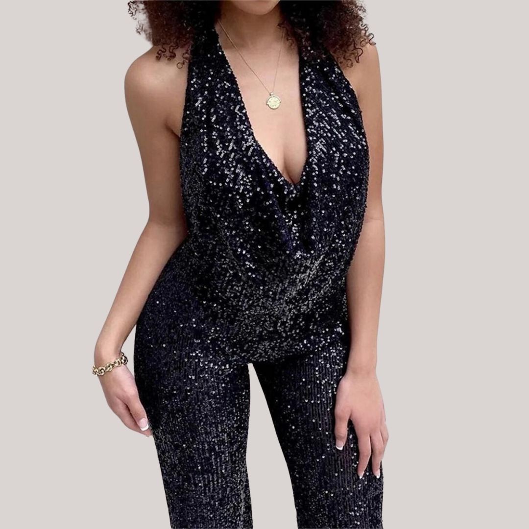 Elegant glitterjumpsuit med utringning