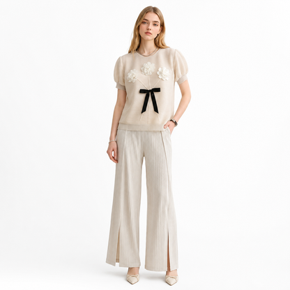 Plissert Topp til Dame med Organza Pufferm – Elegant 3D-Blomster Sommertopp