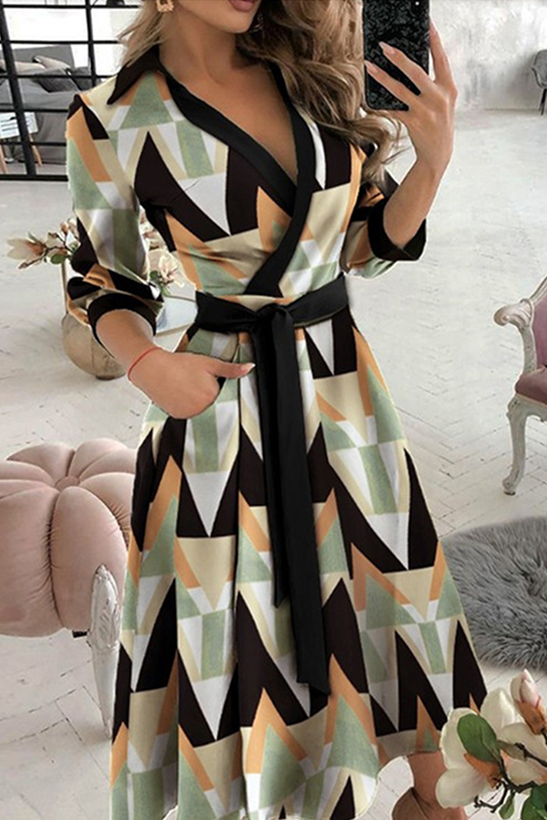 Mote Elegant Print Solid Patchwork Frenulum V Neck A Line Kjoler