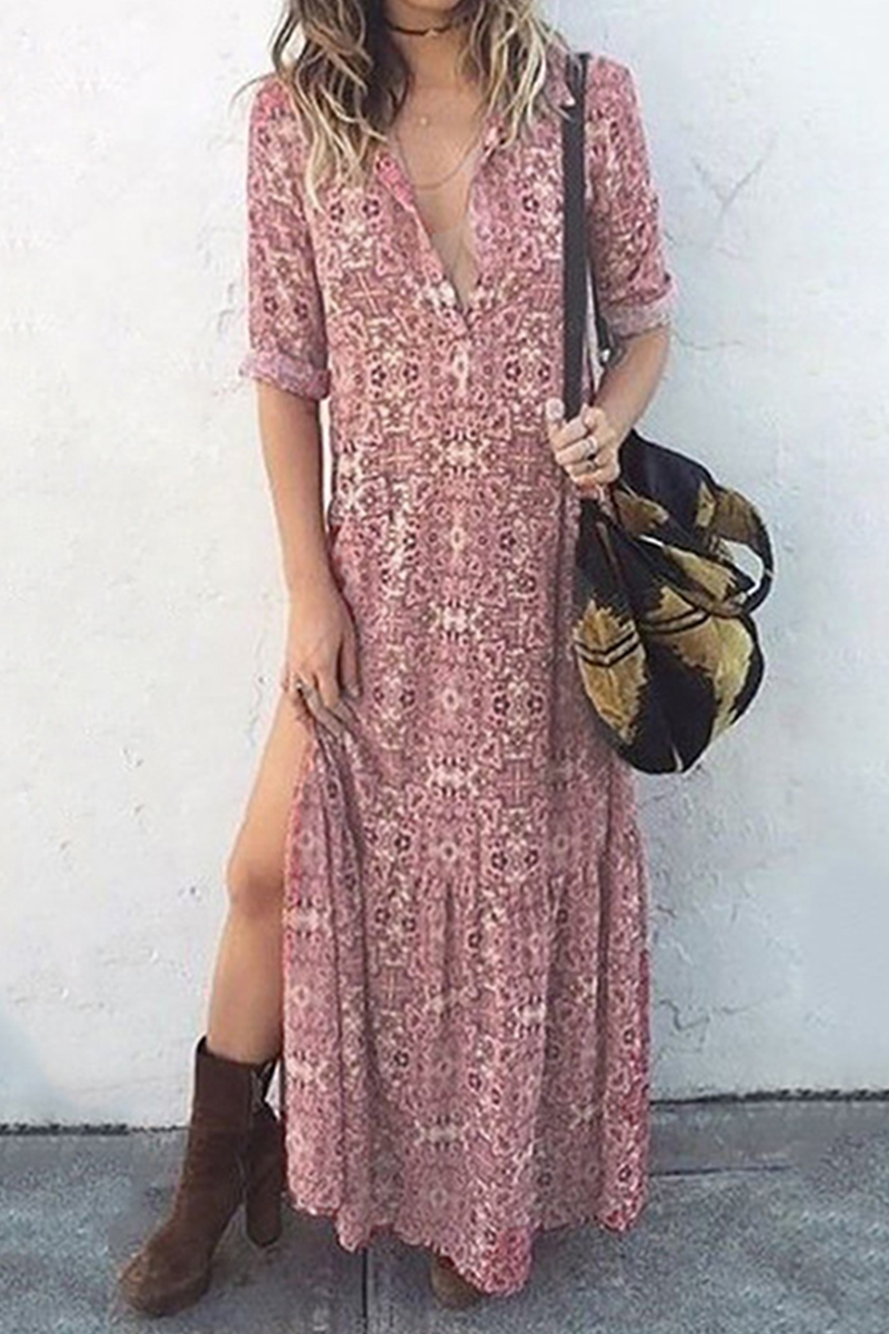 Casual &amp; Stilig Print Belte Splitt O Hals Kjoler