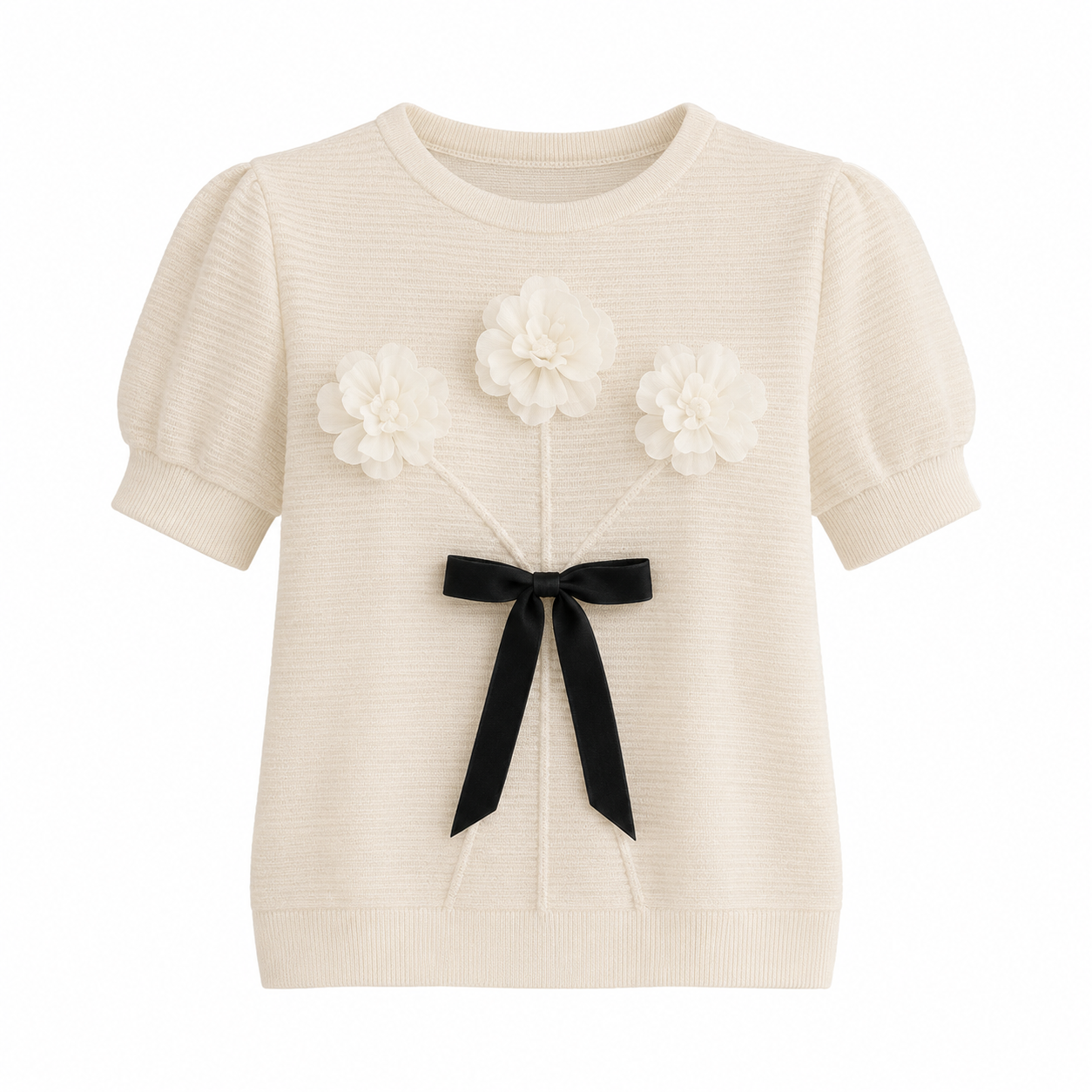Plissert Topp til Dame med Organza Pufferm – Elegant 3D-Blomster Sommertopp