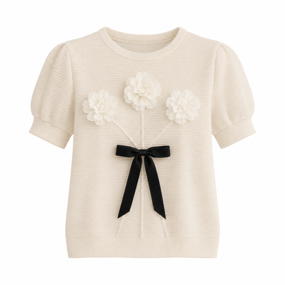 Plissert Topp til Dame med Organza Pufferm – Elegant 3D-Blomster Sommertopp