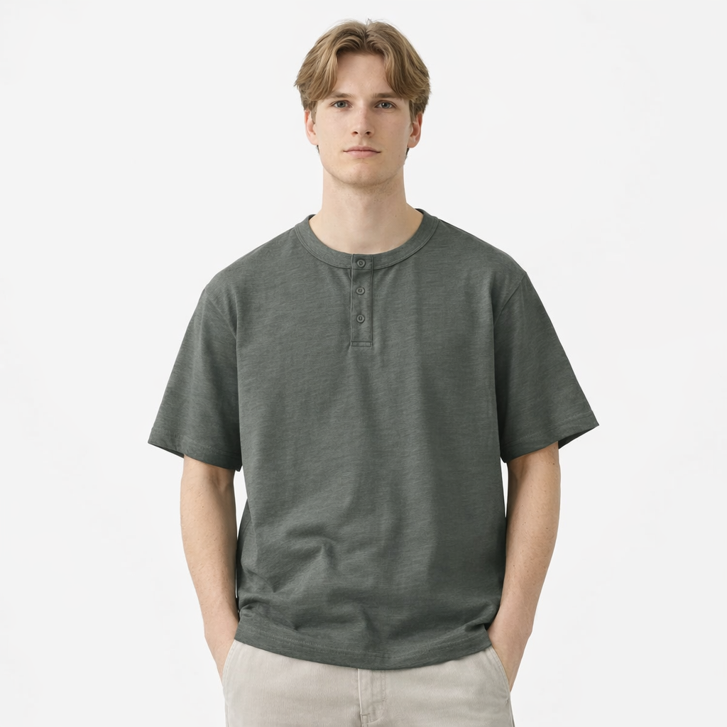 Tykk Henley T-skjorte til Herre – 100% Bomull, Oversized Passform (320g)