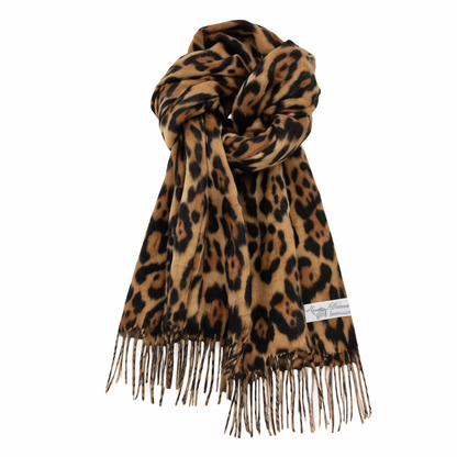 Leopardmønstret Skjerf med Dusker – Tykt og Varmt Vintersjal i Myk Cashmere-Look – Kaffefarget