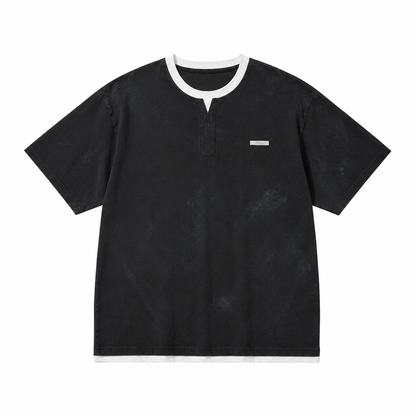 Heavyweight Henley T-skjorte med Lag-på-lag Design for Herre – Kortermet Bomullsblanding