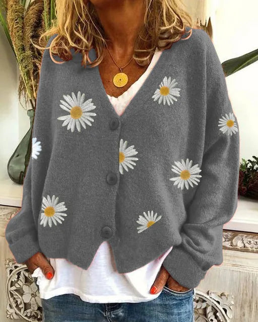 Enkelbrystet, blomstret cardigan