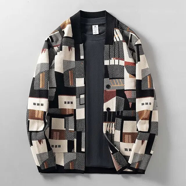 V-hals med geometrisk oljemaleri Jacquard Loose for menn