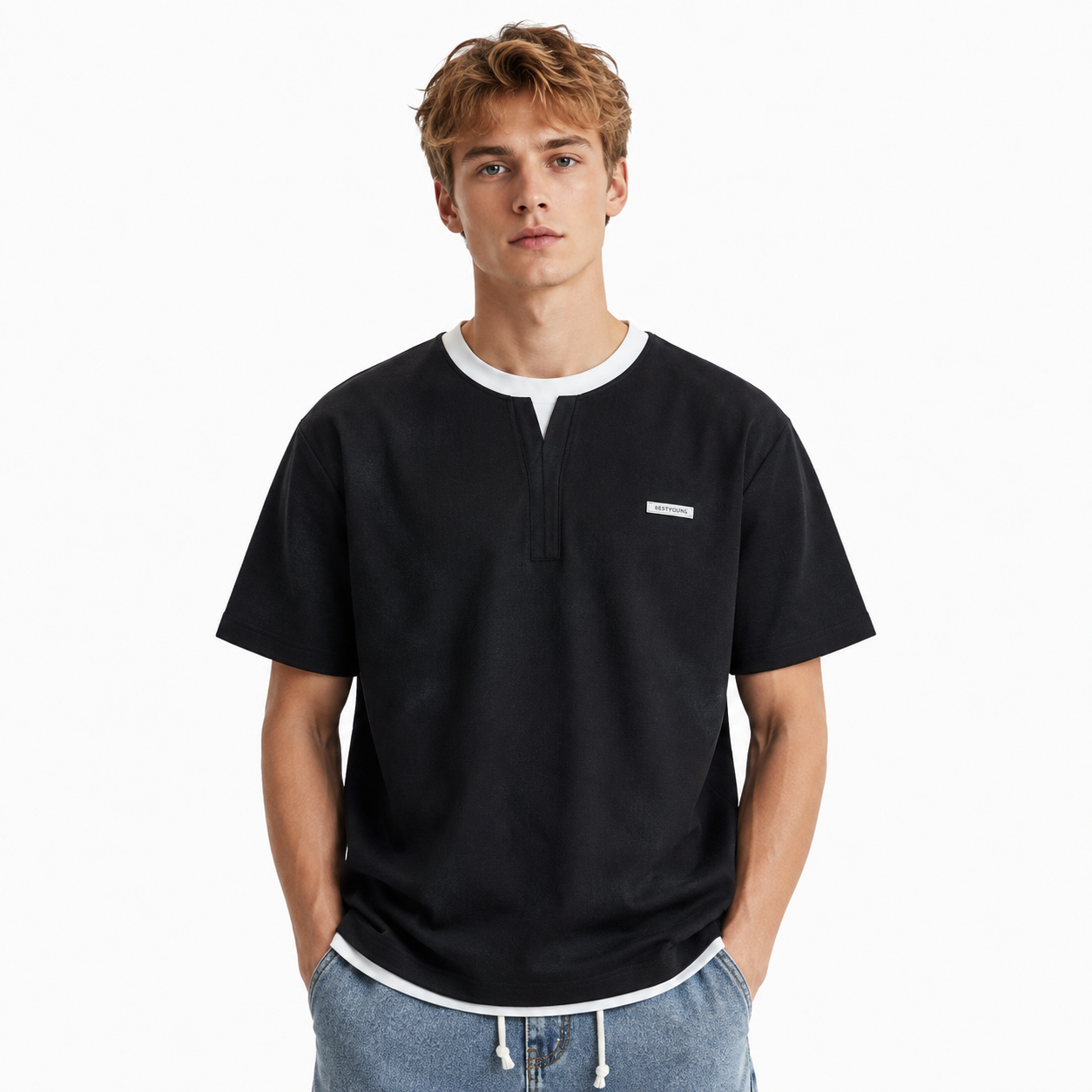 Heavyweight Henley T-skjorte med Lag-på-lag Design for Herre – Kortermet Bomullsblanding