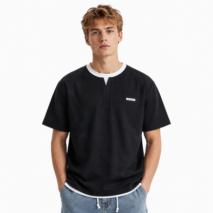 Heavyweight Henley T-skjorte med Lag-på-lag Design for Herre – Kortermet Bomullsblanding
