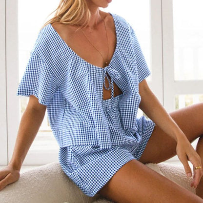 Gingham romper med nøkkelhullsutringning og sløyfedetaljer