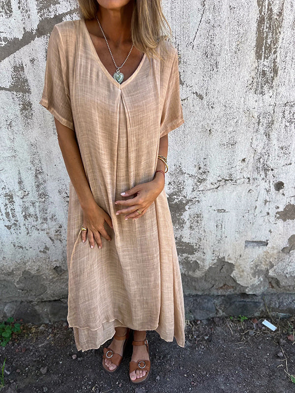 Halvformell kjole i bomull og lin med V-hals