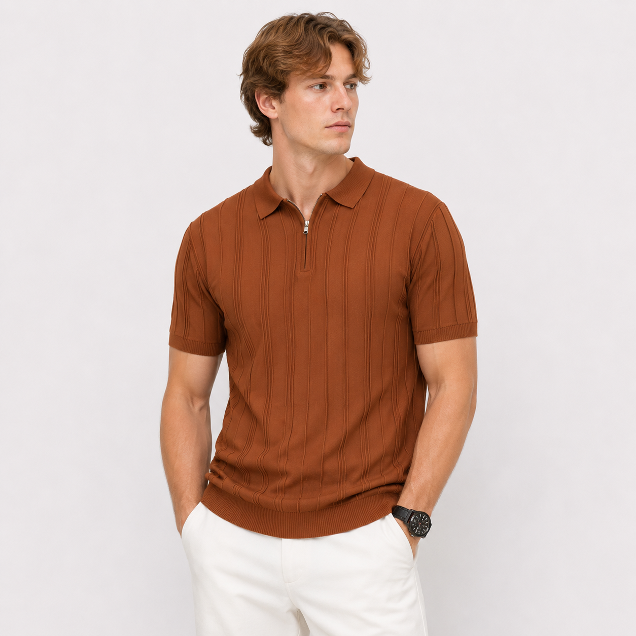 Strikket Polo med Glidelås til Herre – Vintage Jacquard Sommertopp