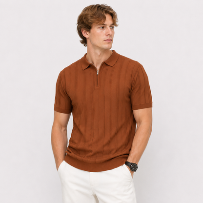Strikket Polo med Glidelås til Herre – Vintage Jacquard Sommertopp