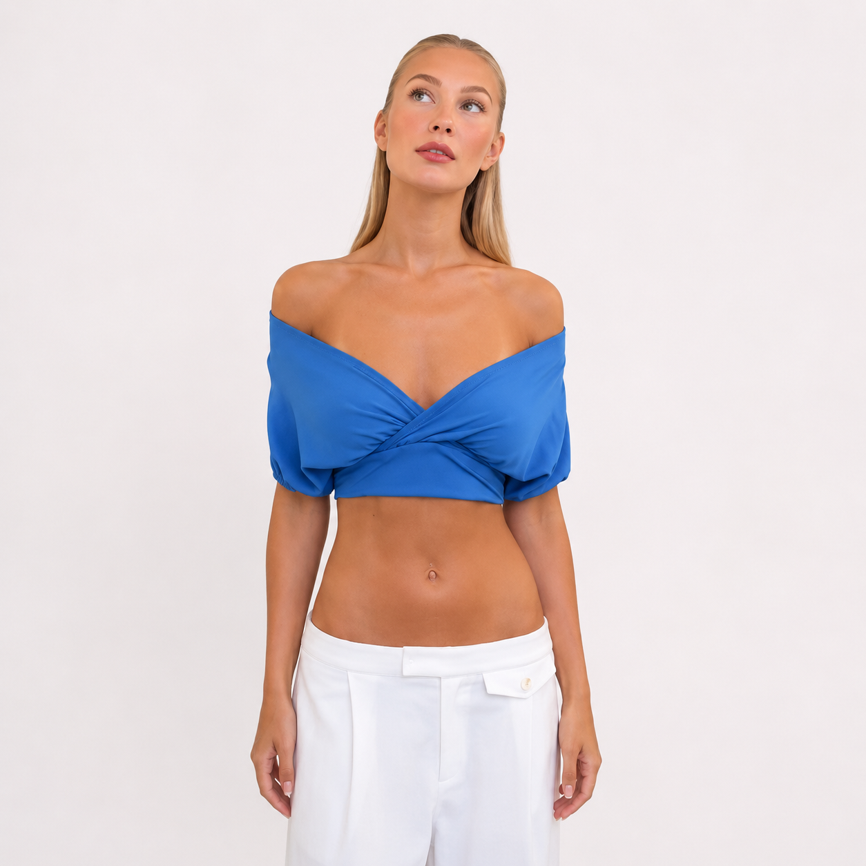 Off-Shoulder Crop Top til Dame – Ryggløs Topp med Knytedetalj – Blå
