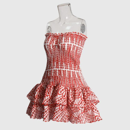 Minikjole med rynkete bandeau og blått paisleymønster