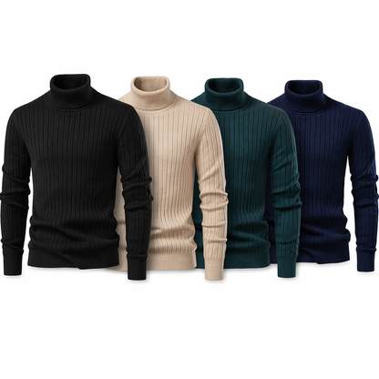 Høyhalset Herregenser i Ullblanding – Ensfarget Strikkegenser med Diskré Striper | Varm og Elegant Vintergenser i Premium Kvalitet Pakke – High003-Svart + High003-Beige + High003-Grønn + High003-Marineblå